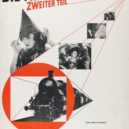 Filmplakat mit Frau, Zug und geometrischen Formen.