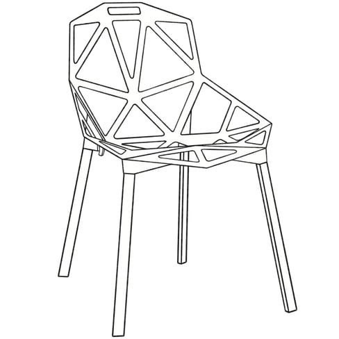 Moderner geometrischer Stuhl vor schwarzem Hintergrund.
