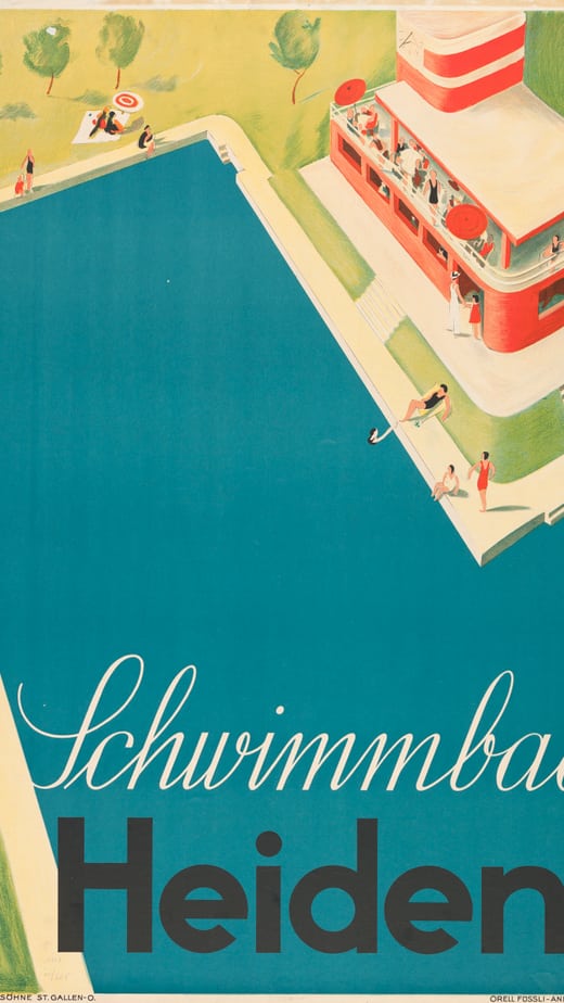 Vintage-Plakat für Schwimmbad Heiden mit modernem Gebäude und Pool.