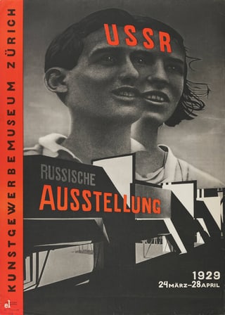 Plakat der russischen Ausstellung in Zürich 1929 mit Skulpturenkopf und Architektur.