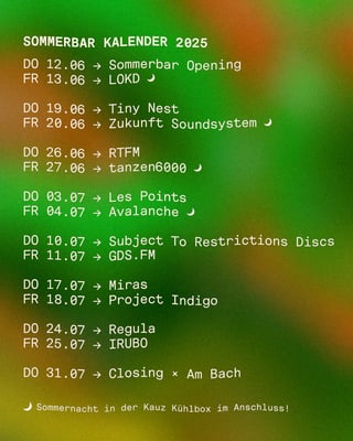 Sommerbar Kalender 2025 mit Eventdaten im Juni und Juli.