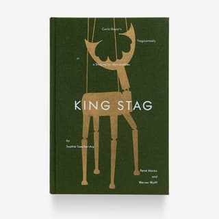 Buchcover von 'King Stag' mit Hirschmarionette auf grünem Hintergrund.
