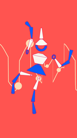 Abstrakte Figur auf rotem Hintergrund, blau-weisses Design.