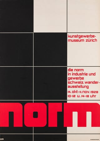 Plakat mit Text über Normen-Ausstellung im Kunstgewerbemuseum Zürich 1928.