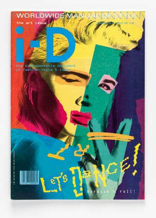 Buntes Cover der Zeitschrift i-D mit künstlerischem Gesichtsporträt und Text 'Let's Dance!'.