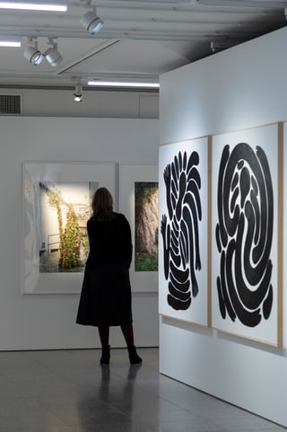 Frau betrachtet Kunst in moderner Galerie.