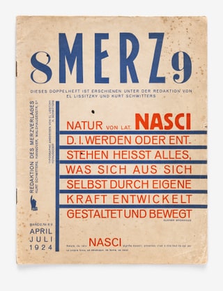 Titelseite der Zeitschrift Merz 9 von 1924 mit Text in Rot und Blau.