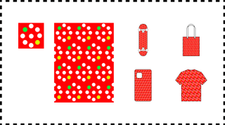 Designs mit roten und weissen Mustern auf verschiedenen Produkten.