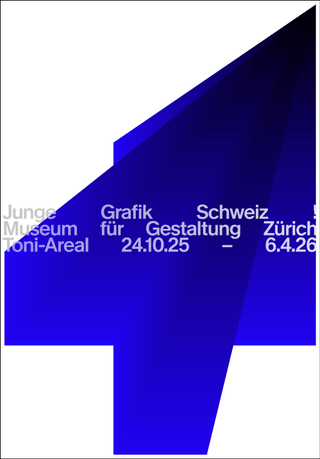 Blaues grafisches Design mit Text und Daten für eine Ausstellung in Zürich.