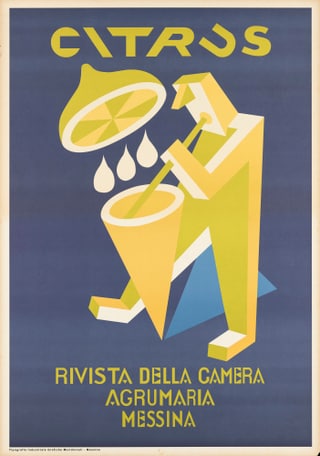 Geometrisches Zitrusfrüchte-Poster mit Figur beim Auspressen einer Zitrone.