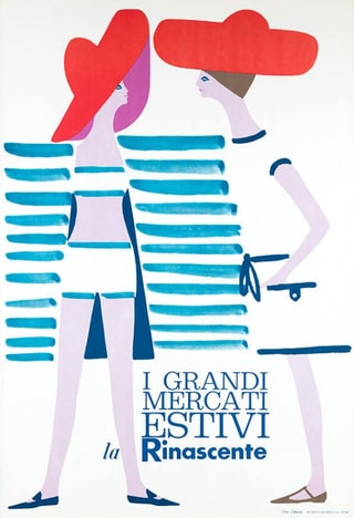 Illustration von zwei stilisierten Personen mit Hüten, Text 'I Grandi Mercati Estivi, La Rinascente'.