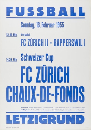 Plakat für Fussballspiele, 13. Februar 1955, Letzigrund Zürich.