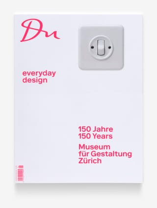 Buchcover mit Schalter und Text '150 Jahre Museum für Gestaltung Zürich'.