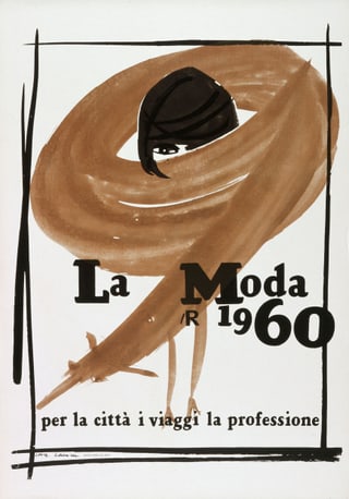 Vintage Modeplakat mit abstraktem Gesicht, Text 'La Moda 1960'.
