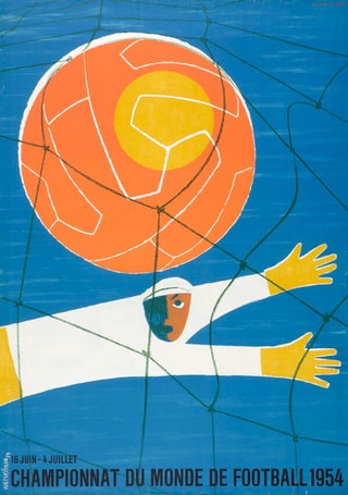 Plakat der Fussball-Weltmeisterschaft 1954 mit Torhüter und Ball im Netz.