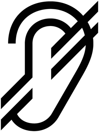 Symbol für Schwerhörigkeit, Ohr mit durchgestrichener Linie.