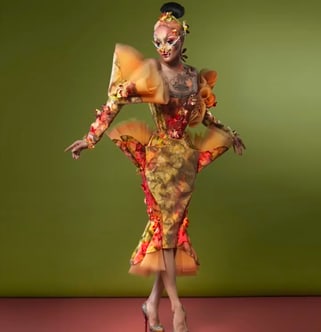 Person in fantasievollem Kleid vor grünem Hintergrund.