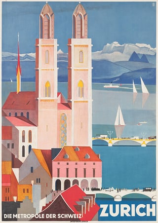 Illustration des Zürcher Grossmünsters mit See und Bergen im Hintergrund.