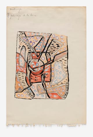 Abstrakte Zeichnung mit Formen und Mustern in Farbe auf Papier.