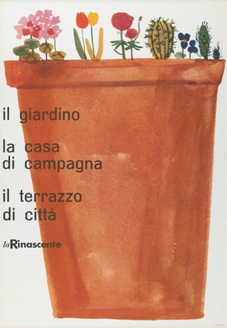 Pflanztopf mit Blumenillustration und italienischem Text.