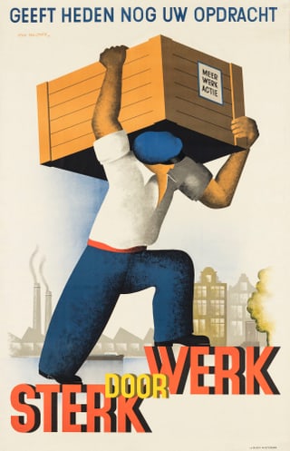 Illustration eines Mannes mit grosser Holzkiste auf den Schultern, Text auf Niederländisch.