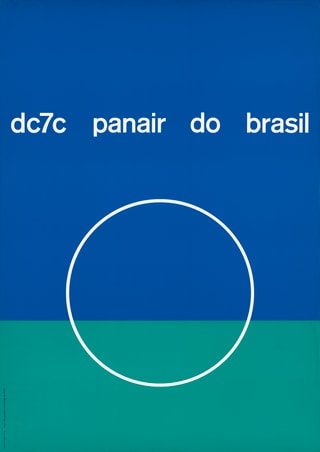 Blau-grünes Poster mit weissem Kreis und Text 'dc7c panair do brasil'.",