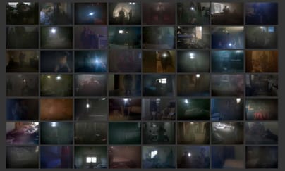 Collage aus dunklen Fotos. TVs mit Lichtern in Räumen.