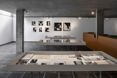 Moderne Ausstellungsgalerie mit Kunstwerken und Dokumenten.