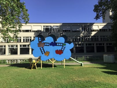 Gebäude mit bemalter Wolkenkulisse auf der Wiese.