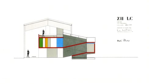 Architektonische Zeichnung eines Gebäudes mit farbigen Wänden und zwei Figuren.