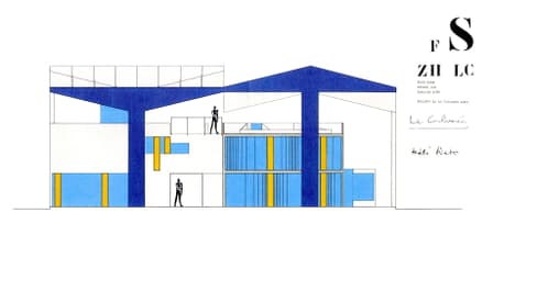 Architekturskizze eines modernen Gebäudes in Blau und Gelb.