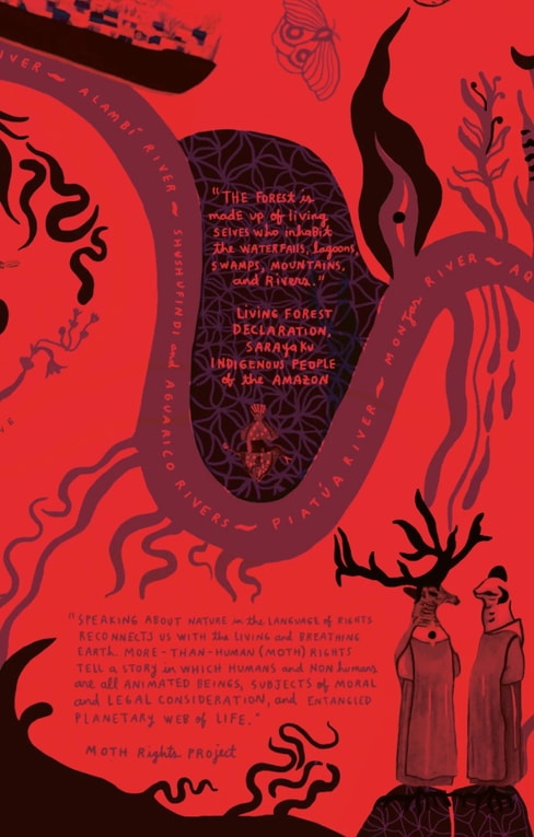 Rotes Kunstwerk mit Text über den Amazonas und zwei Figuren am unteren Rand.