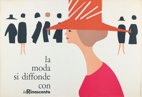 Illustration von Frau mit rotem Hut, la Rinascente-Text daneben.