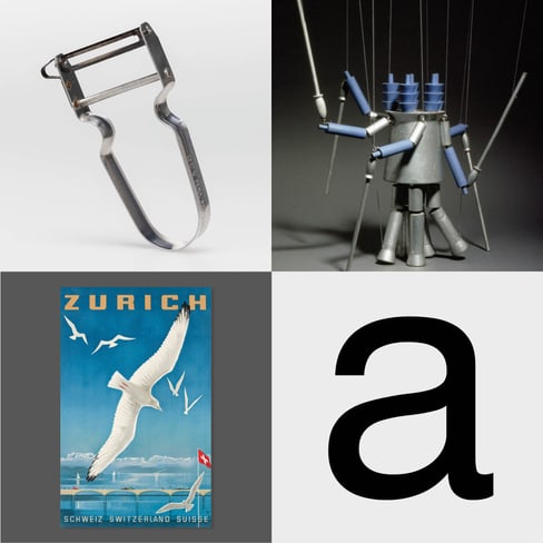 Collage aus Sparschäler, Marionette, Zürich-Poster, Buchstabe A.",