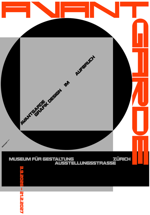 Grafikdesign-Plakat mit rotem Text und geometrischen Formen.