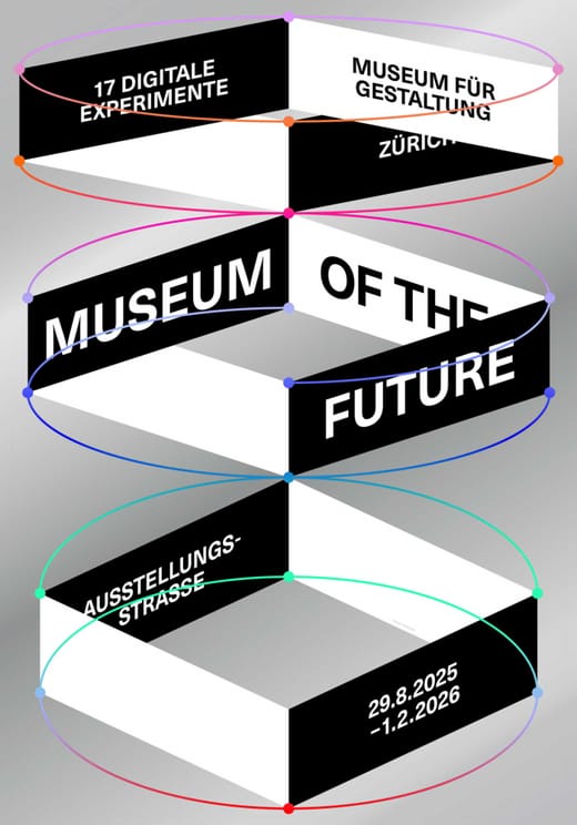 Grafikdesign zu 'Museum der Zukunft' Ausstellung mit Daten und Veranstaltungsort in Zürich.