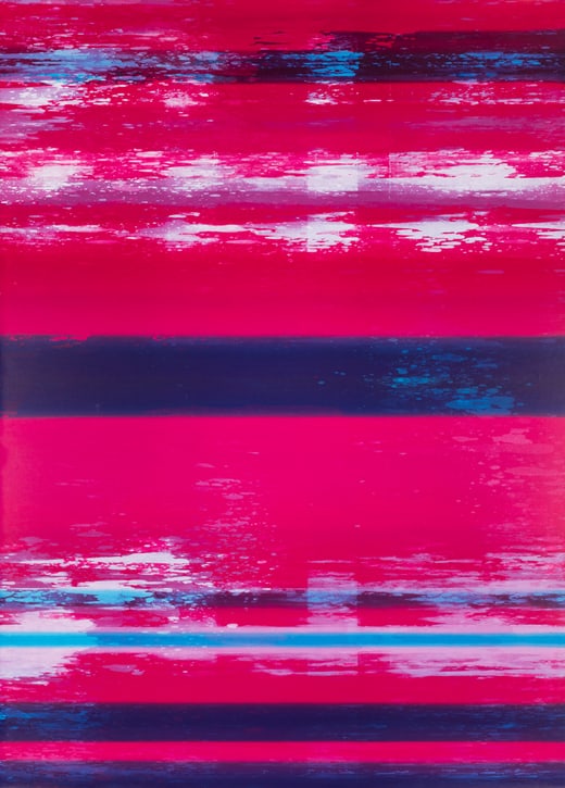 Abstrakte Kunst mit roten, blauen und weissen Streifen.