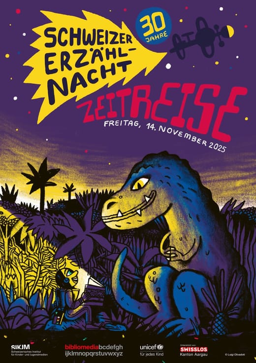 Plakat mit Dinosaurier und Kind, Text über Schweizer Erzählnacht 2025.