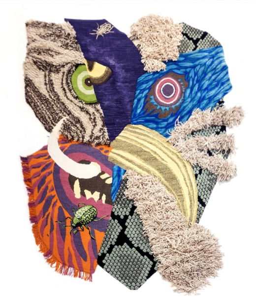 Bunte Textilcollage mit verschiedenen Mustern und Texturen.