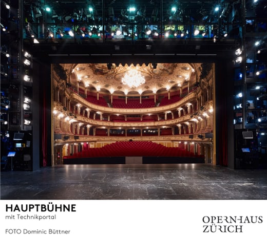 Blick von der Bühne auf das Opernhaus Zürich mit Publikumssitzen.