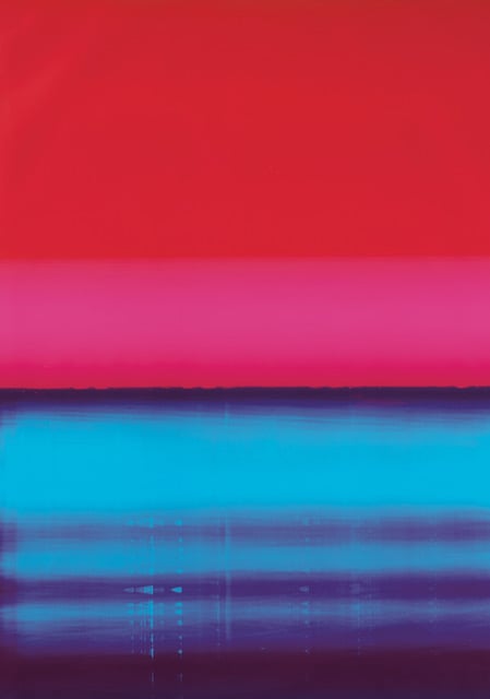 Abstraktes Gemälde mit Farbverläufen in Rot, Rosa und Blau.