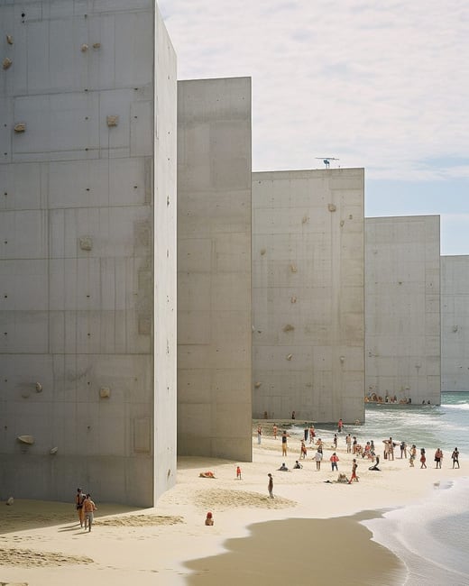 Menschen am Strand neben hohen Betonmauern.",