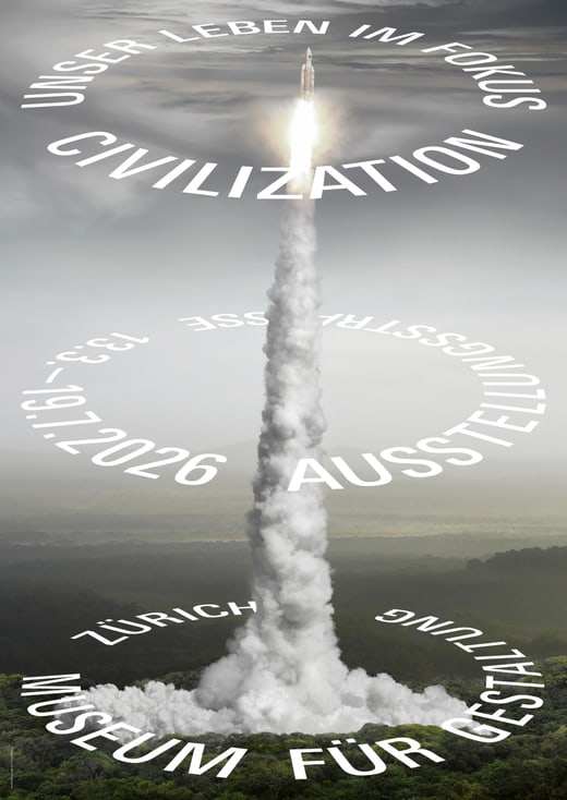 Raketensstart mit weissem Rauch und Text in Kreisform.