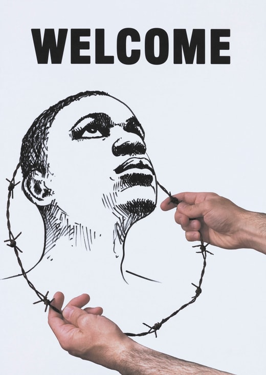 Zeichnung eines Gesichts mit Stacheldraht, Schriftzug 'WELCOME'.