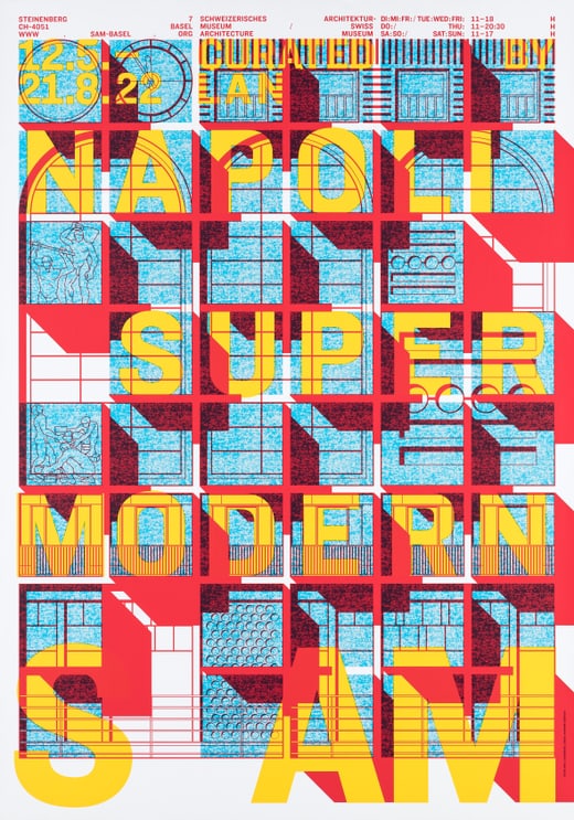 Plakatdesign mit roten, blauen geometrischen Mustern und gelbem Text 'Napoli Super Modern'.",