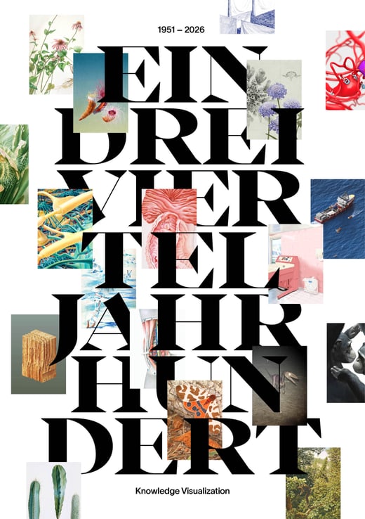 Collage mit grossen Buchstaben und kleinen Bildern, Text