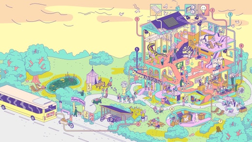 Fantasievolles Museum mit Aktivitäten und farbenfrohen Details.