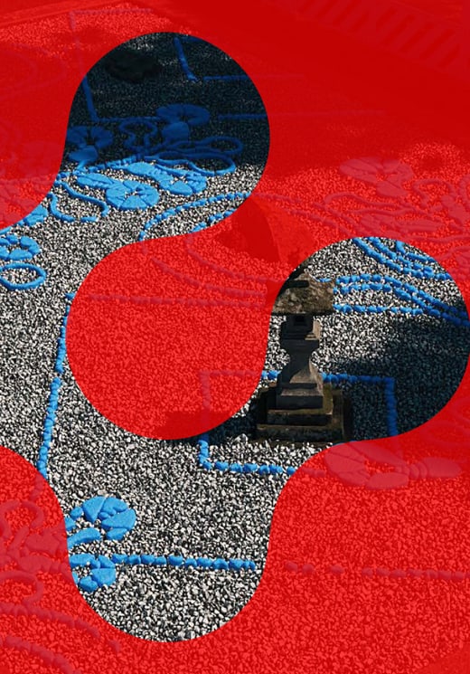 Steinskulptur auf Kies, unterbrochen durch rote Formen.