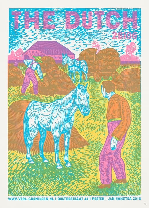 Illustration von Menschen und Pferden auf einem Feld.