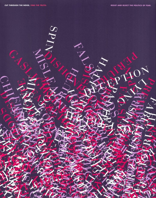 Überlagerte Wörter wie ‚Lügen‘ und ‚Täuschung‘ auf dunklem Hintergrund.